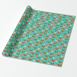 Papier Cadeau Chiens amusants, beignets, motif de café.