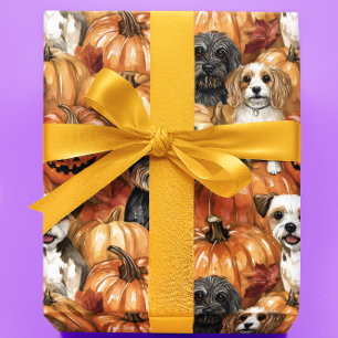 Papier Cadeau Chiens d'automne dans un patch de citrouille Hallo