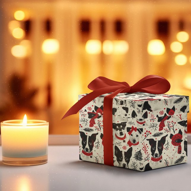 Papier Cadeau Chiens de Noël Noir Rouge Motif à thème (Créateur téléchargé)