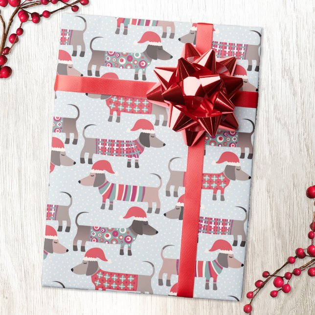 Papier Cadeau Chiens de saucisson Dachshund en Casquettes et Kni (Fun Christmas Dachshund Wiener Sausage dog pattern holiday wrapping paper.)