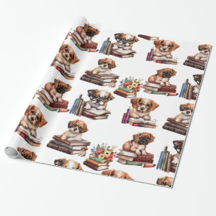 Papier Cadeau Chiens Et Livres Amateurs