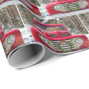 Papier Cadeau Chiens Golden Retriever en camion rétro rouge
