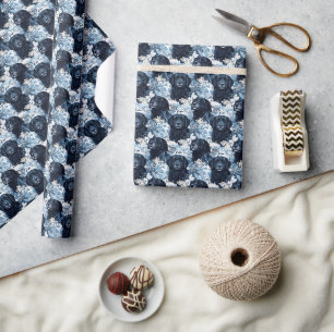 Papier Cadeau Chiens noirs et Feuilles bleus