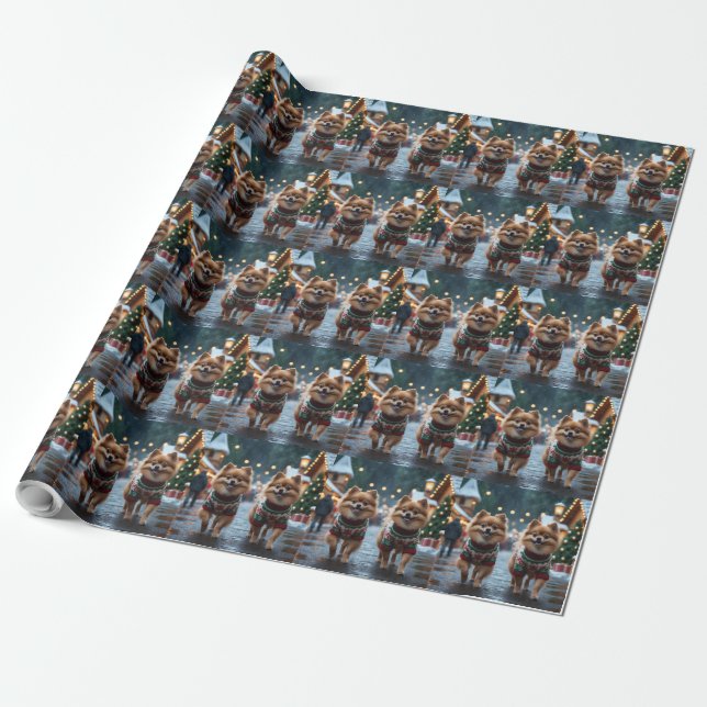 Papier Cadeau Chiens Poméraniens Noël Neige Fêtes  (Déroulé)
