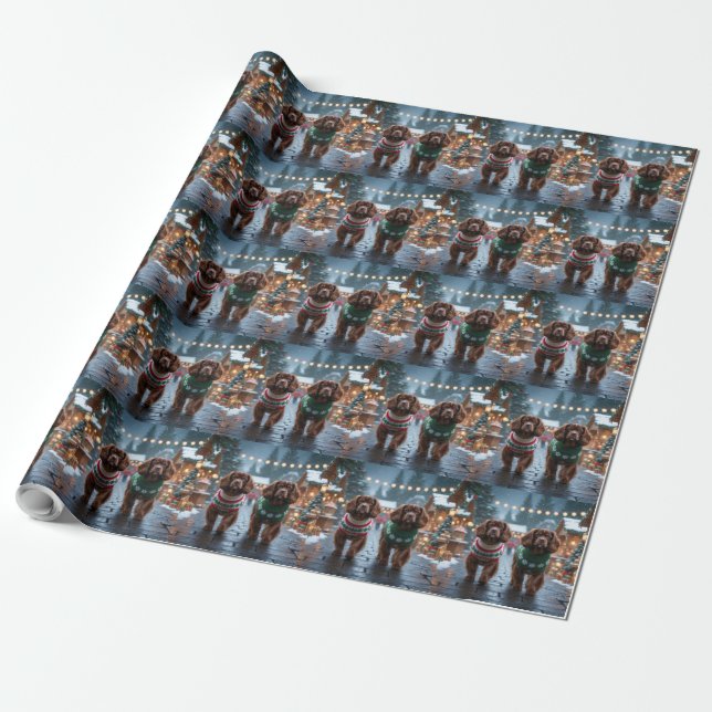 Papier Cadeau Chiens Spaniel Tibétains Noël Neige Vacances (Déroulé)