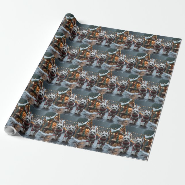 Papier Cadeau Chiens Terrier Blanc West Highland Noël Neige  (Déroulé)