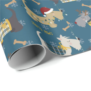 Papier Cadeau Chiens Terrier en casquettes de Noël en bleu