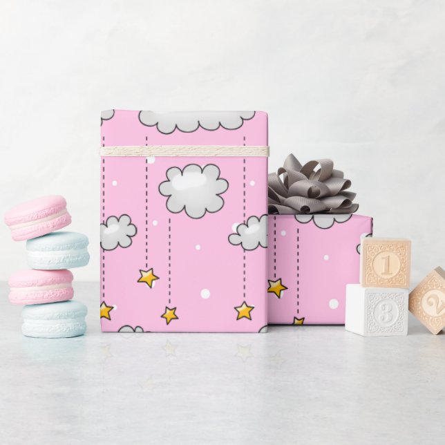 Papier Cadeau Chiffres Et Étoiles Suisse Rose Bébé (Baby Shower)