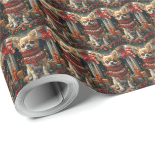 Papier Cadeau Chihuahua Chien avec des cadeaux de Noël cheminée