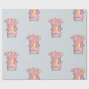Papier Cadeau Chihuahua Chien Floral Rose Blue Gold Spots
