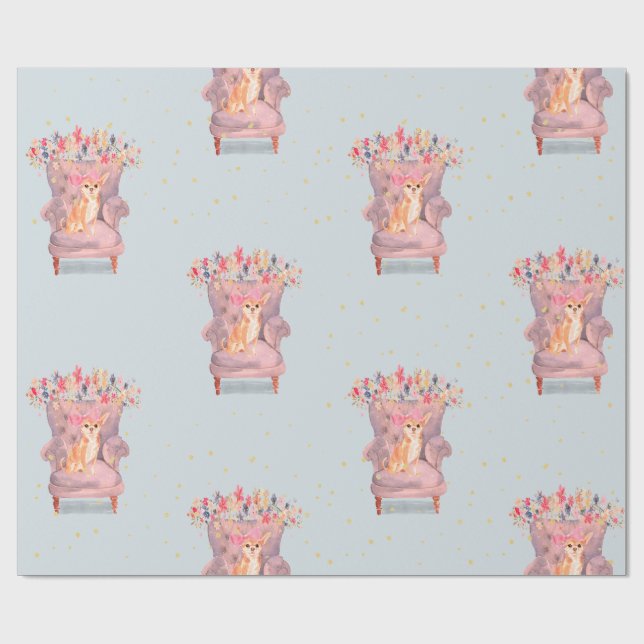 Papier Cadeau Chihuahua Chien Floral Rose Blue Gold Spots (Plat)
