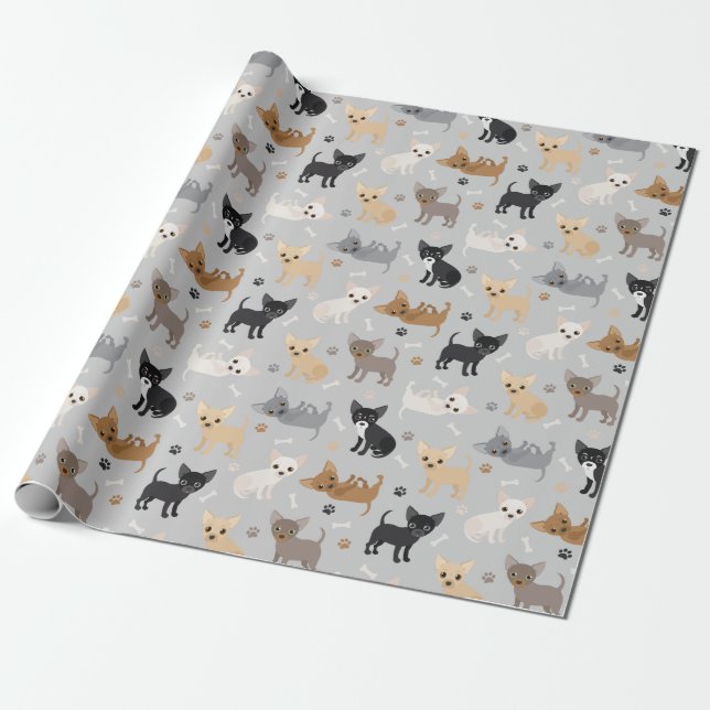 Papier Cadeau Chihuahua Os et pattes papier d'enveloppement gris (Déroulé)