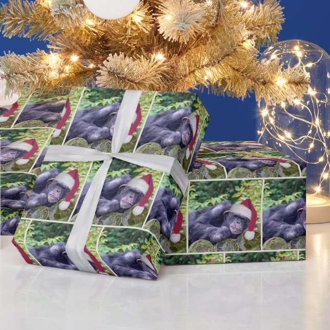 Papier Cadeau Chimpanzé de Noël avec chapeau de Père Noël (Vacances)