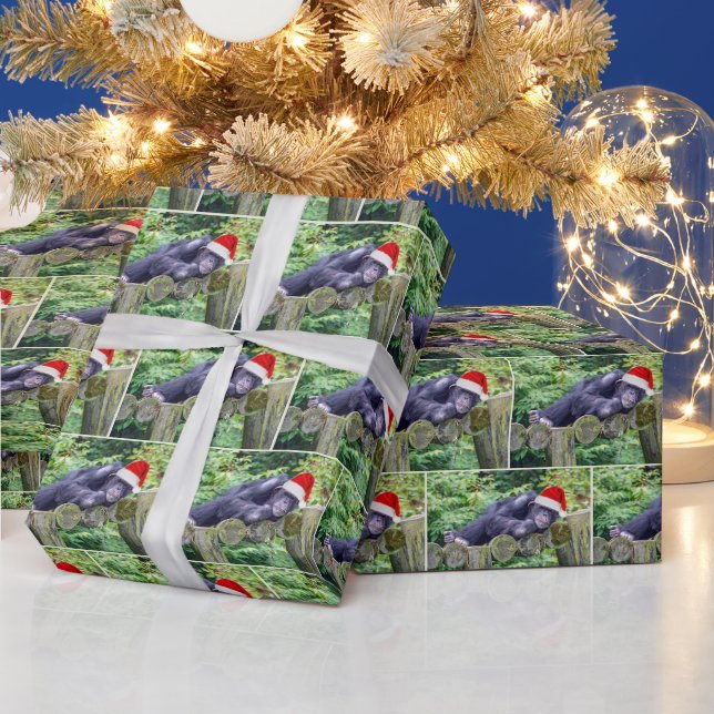 Papier Cadeau Chimpanzé de Noël avec chapeau de Père Noël (Vacances)