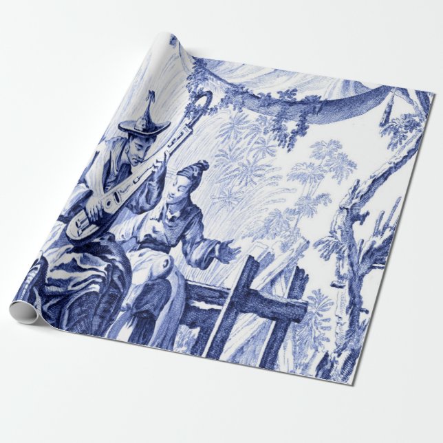 Papier Cadeau Chine bleu et blanc Découpage (Déroulé)