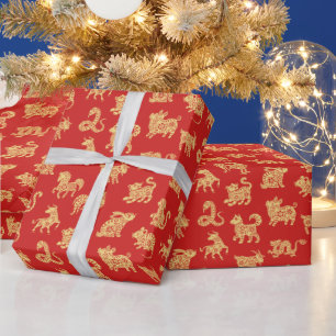 Papier Cadeau Chinois Zodiac Animaux Nouvel An Rouge Or