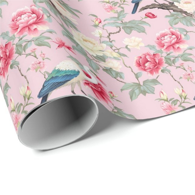Papier Cadeau Chinoiserie Aiguille Florale Rose (Coin rond)