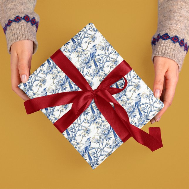 Papier Cadeau Chinoiserie Asiatique Oiseau Blanc Bleu Floral (Créateur téléchargé)