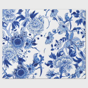 Papier Cadeau Chinoiserie Bird Floral Bleu Blanc Découpage