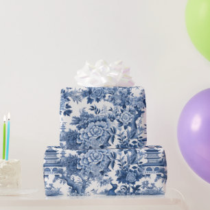Papier Cadeau Chinoiserie Bleu Blanc Floral Peinture