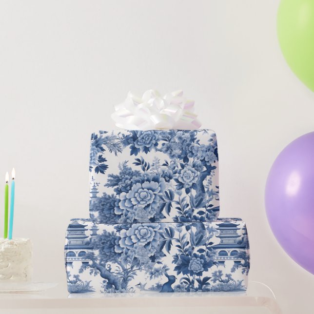 Papier Cadeau Chinoiserie Bleu Blanc Floral Peinture (Cadeaux de fête)
