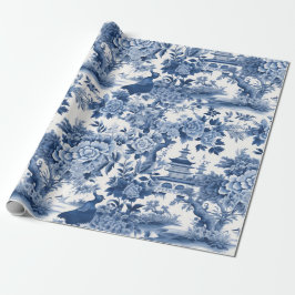 Papier Cadeau Chinoiserie Bleu Blanc Floral Peinture