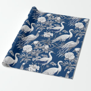 Papier Cadeau Chinoiserie Bleu Blancs Peinture Oiseaux