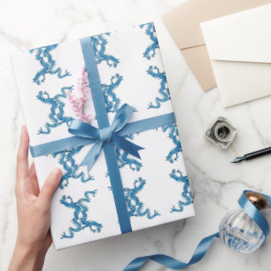 Papier Cadeau Chinoiserie Bleu Chinois Dragons Peint