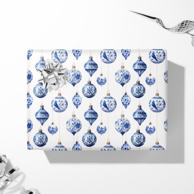 Papier Cadeau Chinoiserie Bleu et Blanc ornements de Noël (Blue Chinoiserie Ornament Gift Wrap Paper)