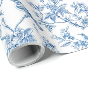 Papier Cadeau Chinoiserie bleue et blanche Oiseaux floraux
