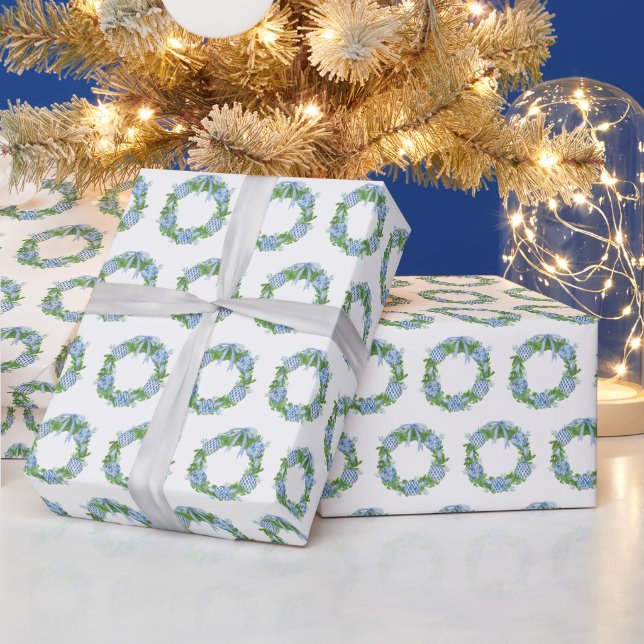 Papier Cadeau Chinoiserie Blue Christmas Orament Wreath (Vacances)