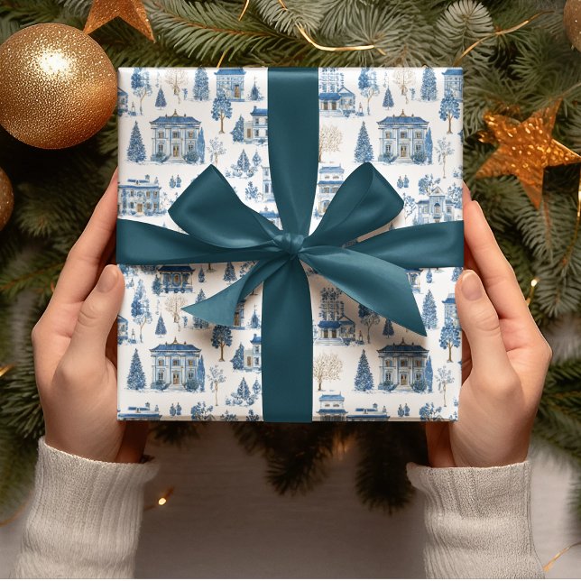 Papier Cadeau Chinoiserie Blue Christmas Village Wrapping Paper (Créateur téléchargé)