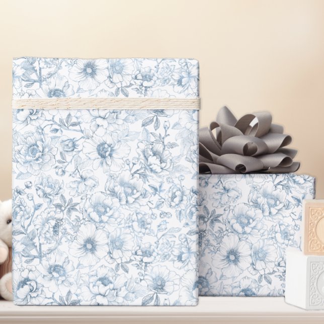 Papier Cadeau Chinoiserie Blue Floral Wrapper Paper (Dusty Blue Floral Gift Wrap)