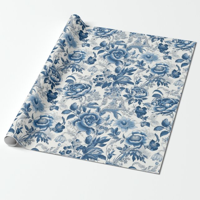 Papier Cadeau Chinoiserie Blue White Peonies Floral Decoupage (Déroulé)