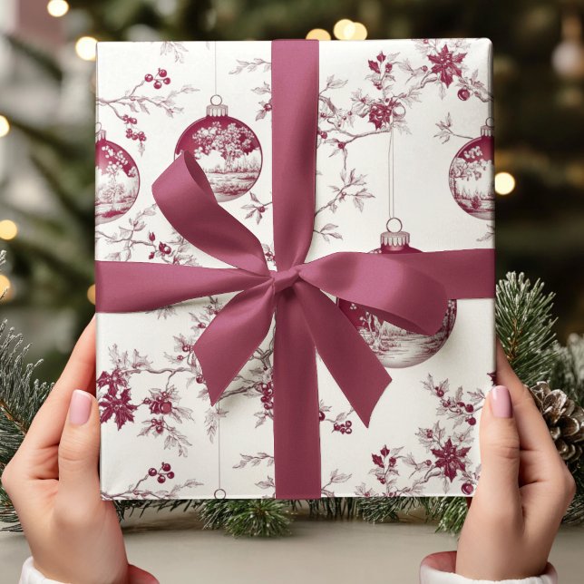 Papier Cadeau Chinoiserie Bourgogne & Ornement de Noël blanc (Créateur téléchargé)