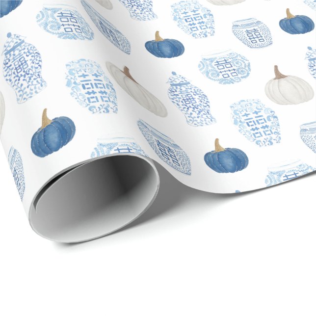 Papier Cadeau Chinoiserie Chic Bleu Blancs Citrouilles Chinois J (Coin rond)