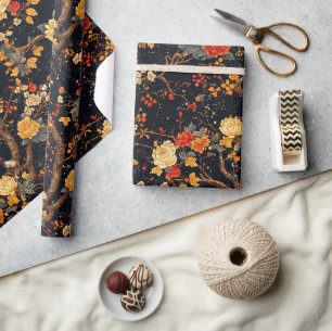 Papier Cadeau Chinoiserie de feuille orange noire d'automne