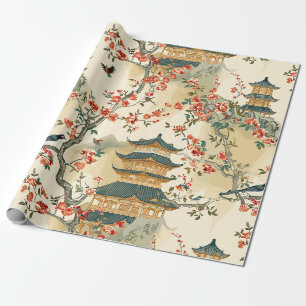Papier Cadeau Chinoiserie élégante - Pagodes, Fleurs et Oiseaux