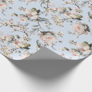Papier Cadeau Chinoiserie Fleur et Oiseau Bleu Clair