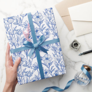 Papier Cadeau Chinoiserie Fleur Sauvage Bleue et Blanche