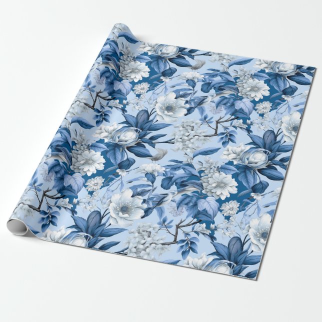 Papier Cadeau Chinoiserie Floral Bleu Blanc Peinture (Déroulé)