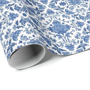 Papier Cadeau Chinoiserie Florale Bleue Aquarelle Blanche