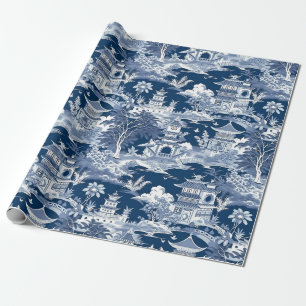 Papier Cadeau Chinoiserie Paysage Peinture Bleu Blanc