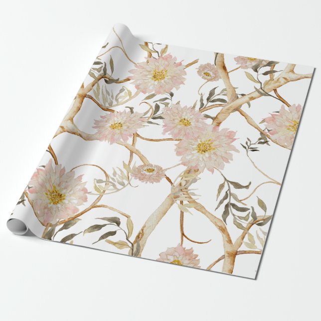Papier Cadeau Chinoiserie Peony Floral Aquarelle rose pâle (Déroulé)