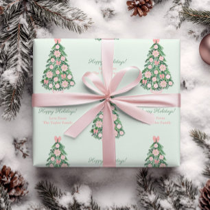 Papier Cadeau Chinoiserie Pink Green Joyeux Noël Nom de famille