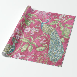 Papier Cadeau Chinoiserie rose paon découpage floral