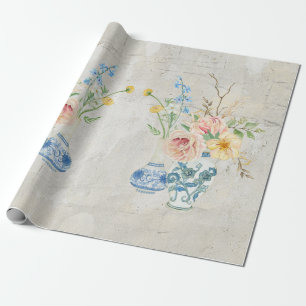 Papier Cadeau Chinoiserie Rose Peony Floral Bleu Blanc Vases