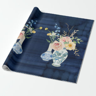 Papier Cadeau Chinoiserie Rose Peony Flowers Marine Blue Wood