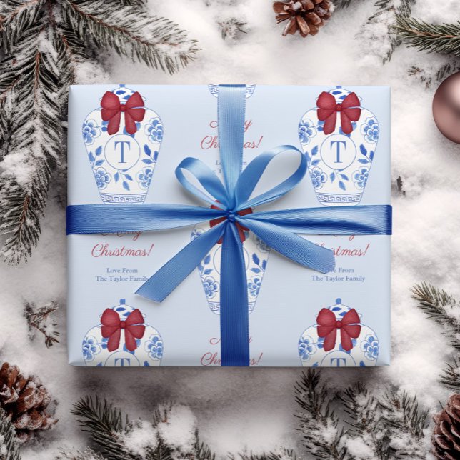Papier Cadeau Chinoiserie Rouge Blanc Bleu Monogramme de Noël (Elegant red white and blue Christmas gift wrap with watercolor ginger jars with red bow & monogram)