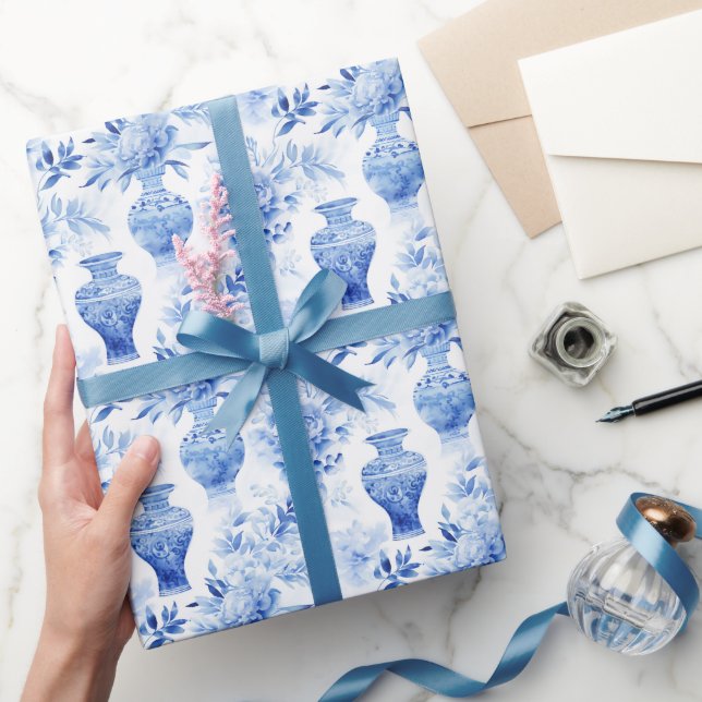 Papier Cadeau Chinoiserie Toile Bleu & Blanc Vases Florales (Cadeaux)